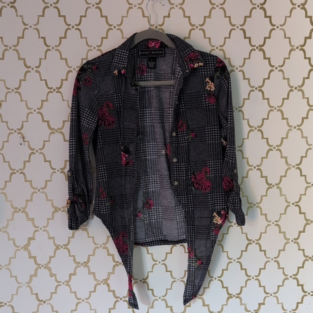 Polly & Esther Black White Rose Houndstooth with Floral Accents Tie front